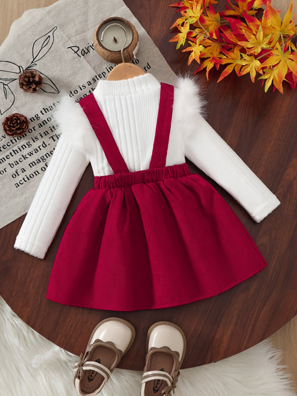 2pcs Baby Winter Outfit Set: Cozy Fluffy Sleeve Smock Dress & A-Line Bow with Collar & Fringe Trim - Soft Warm Clothes for Photoshoots, Christmas (Hand Washable), Perfect for Outdoor