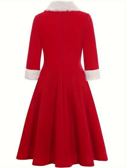 Women's Elegant Red & White Trim A-Line Dress - Sleeve Round Neck Flared Skirt, Machine Washable Autumn Casual & Holiday Party Wear, Nontransparent Fabric