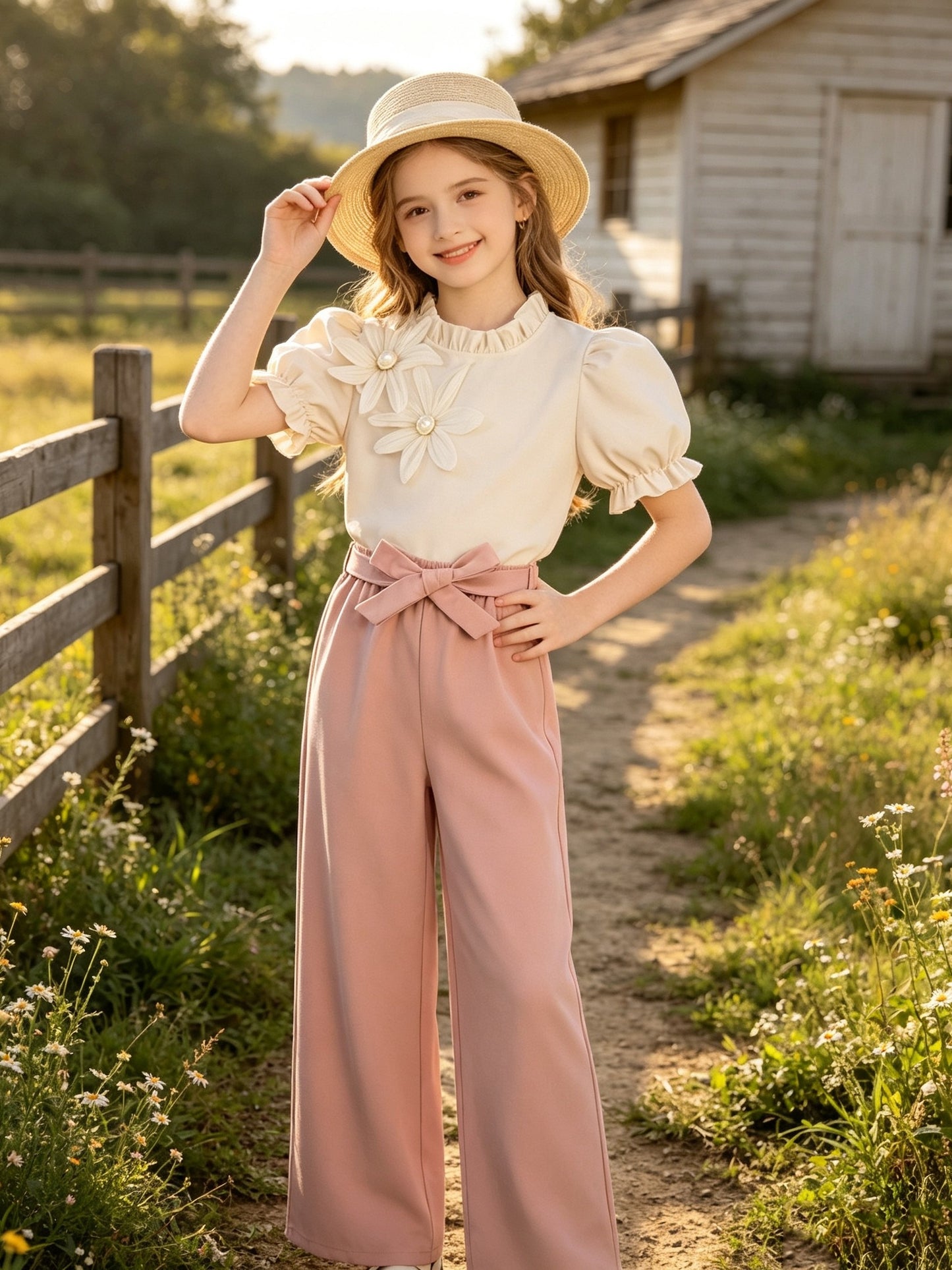 Girls' Casual 2-Piece Short Sleeve Top & Wide-Leg Pants Set
