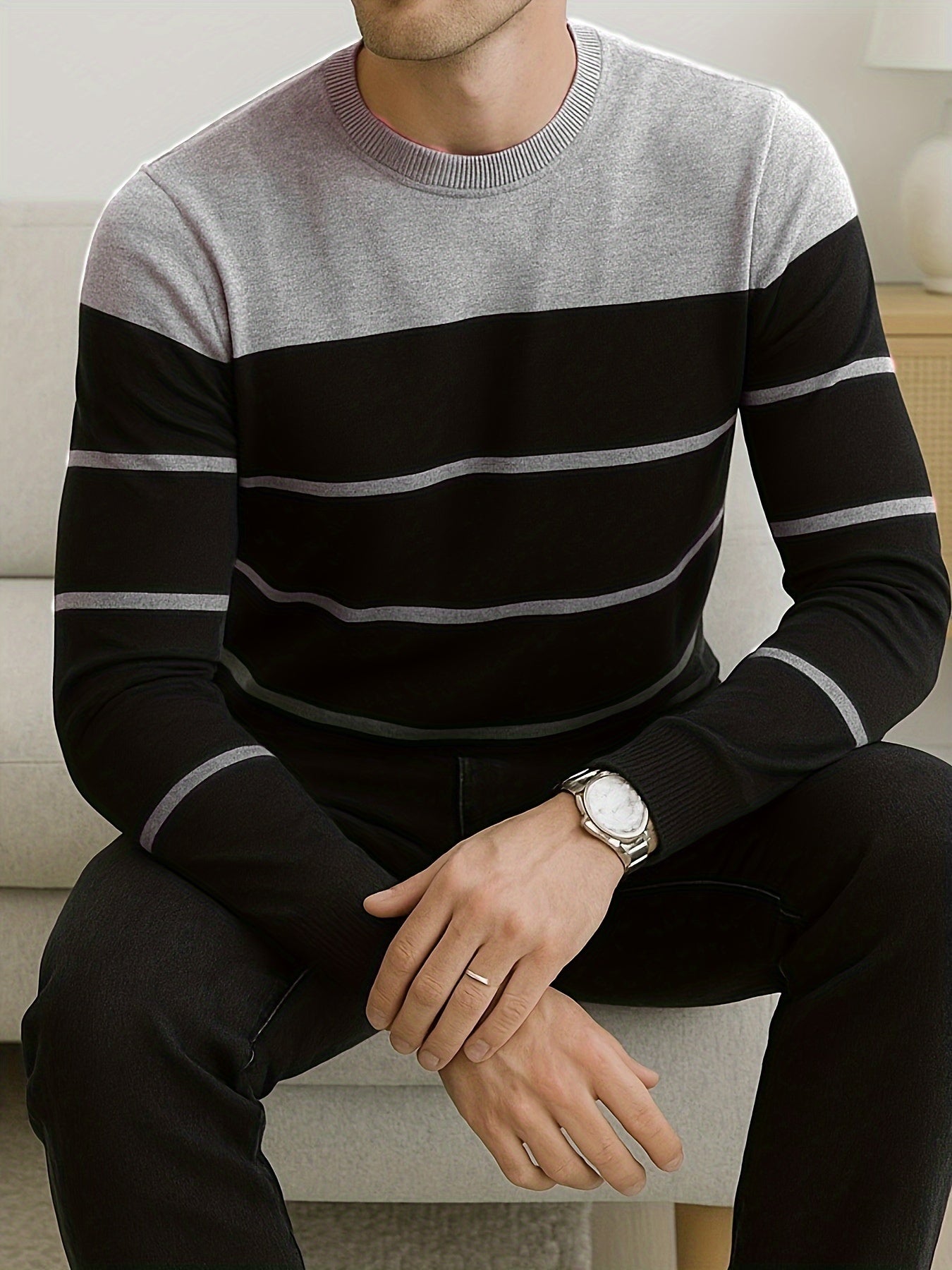 Men's All-Season Knit Sweater with Contrast Side Stripe