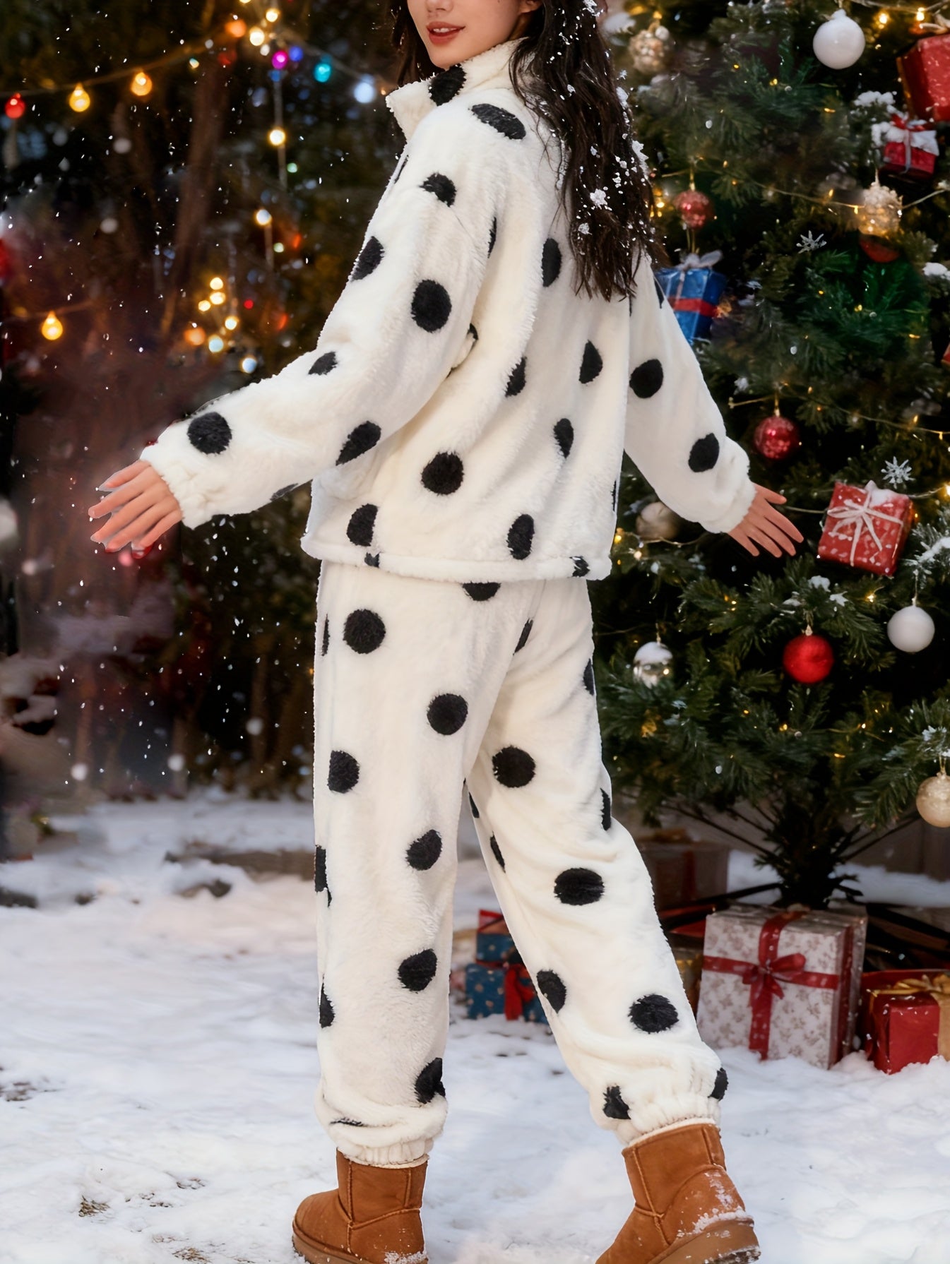 2pcs Women'S Autumn & Winter Loungewear Set | Polka Dot High Neck Zip-Up Jacket + Pants with Pockets, Loose Fit, Long Sleeve Drop Shoulder Style for Casual Home Wear.