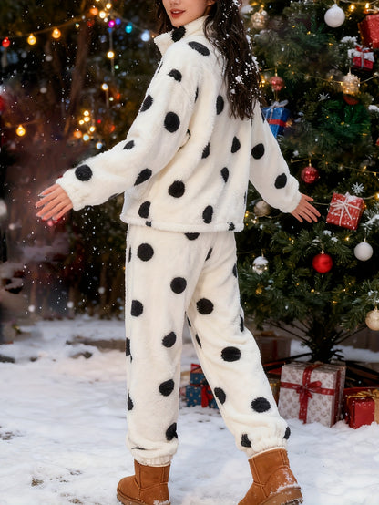 2pcs Women'S Autumn & Winter Loungewear Set | Polka Dot High Neck Zip-Up Jacket + Pants with Pockets, Loose Fit, Long Sleeve Drop Shoulder Style for Casual Home Wear.