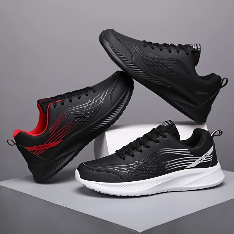Men's Breathable Lightweight Running Shoes with Air Cushion Technology - Black Low-Top Sneakers for Walking, Jogging, Training  Casual Wear, PU Upper  MD Sole, All-Season Comfort, Sleek Sporty Design, Cushioned Support