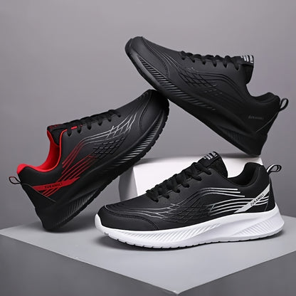 Men's Breathable Lightweight Running Shoes with Air Cushion Technology - Black Low-Top Sneakers for Walking, Jogging, Training  Casual Wear, PU Upper  MD Sole, All-Season Comfort, Sleek Sporty Design, Cushioned Support