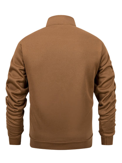 Men's Stand Collar Zip-Up Solid Color Fleece Jacket Long Sleeve Casual Sport Hoodless Coat with Large Side Pockets, Suitable for Daily Wear, Outdoor Activities, Hiking