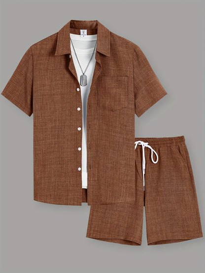Men's Casual Solid Color Short Sleeve Shirt & Drawstring Shorts Set
