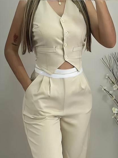 Simple and Elegant V-neck Vest with Casual Trousers 2pcs Set - ayq