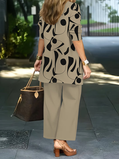 3pcs Women's Set: Abstract Print Cardigan with Vest Top and Elegant Casual Pants, Essential for Casual Attire