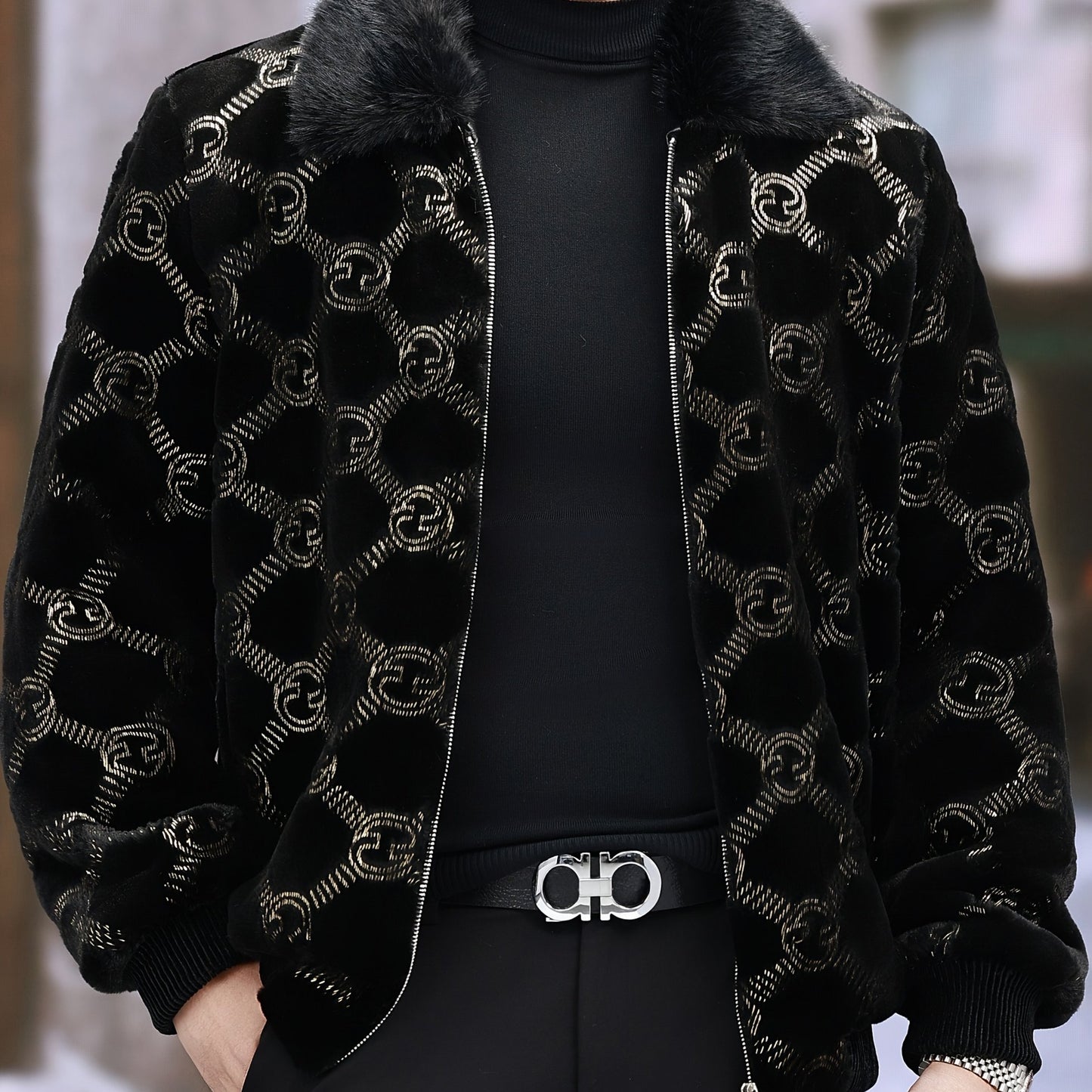 Men'S Winter Faux Fur Jacket | Black & Golden Contrast Design | Notch Lapel Collar | Zippered Closure | Polyester Lining | Stylish & Functional for Formal Occasions, Winter Outerwear | Contrast Color Jacket | Notch Lapel Coll