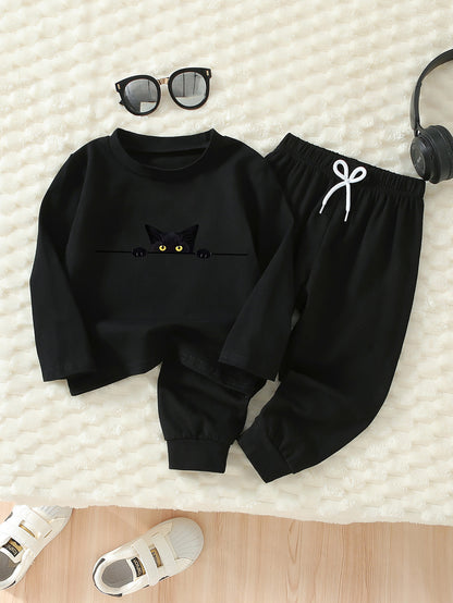 Boys Casual Cat Print Cotton Set with Long Sleeve & Pants
