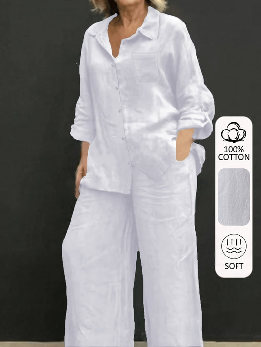 Women’s Casual Cotton Long-Sleeve Top & Wide-Leg Trousers Set