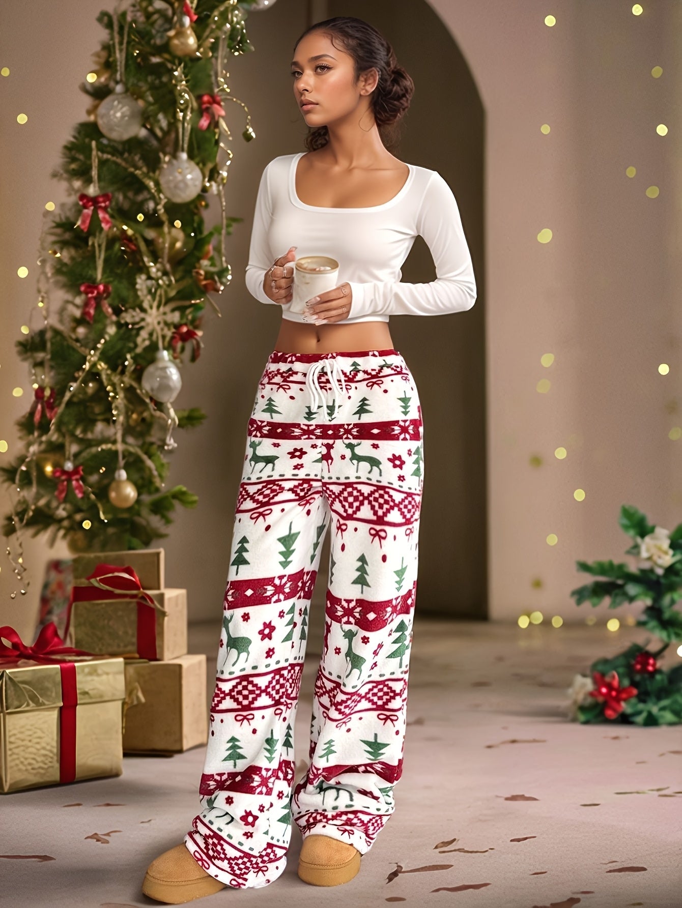 Women's Elegant Red & White Christmas Snowflake Reindeer Plaid Winter Trousers - Straight-Leg Warm Pants with Elastic Waist (No Buttons/Zippers), Machine Washable for Holiday Parties, New Year's & Casual Outfits (Festive Styl