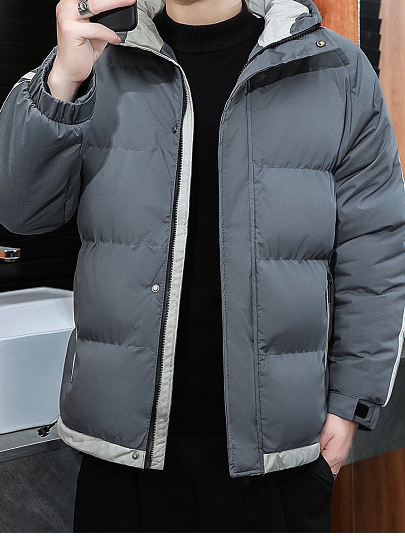 1pc Men's Heavy-Duty Winter Jacket with Hood - -Filled Coat, White & Dark Green, Golden-Zip Closure, Machine Washable, Casual Outdoor Wear (Snow, Windproof) - Regular Fit for, Skiing, Cold