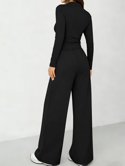 All-season Solid Color Long-sleeved Top and High-waisted Wide-leg Pants Casual Suit