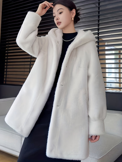 Women's Oversized Faux Fur Coat with Plush Collar & Full-Length Fur Trim - Winter Warm A-Line Mid-Length Jacket, Machine Washable Large Size Winter Coat for Women, Elegant Outerwear for Casual & Formal Events (Solid Black, Br