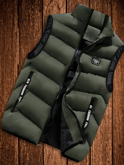 Men's Thickened Polyester Warm Vest with Full-Zip and Stand Collar