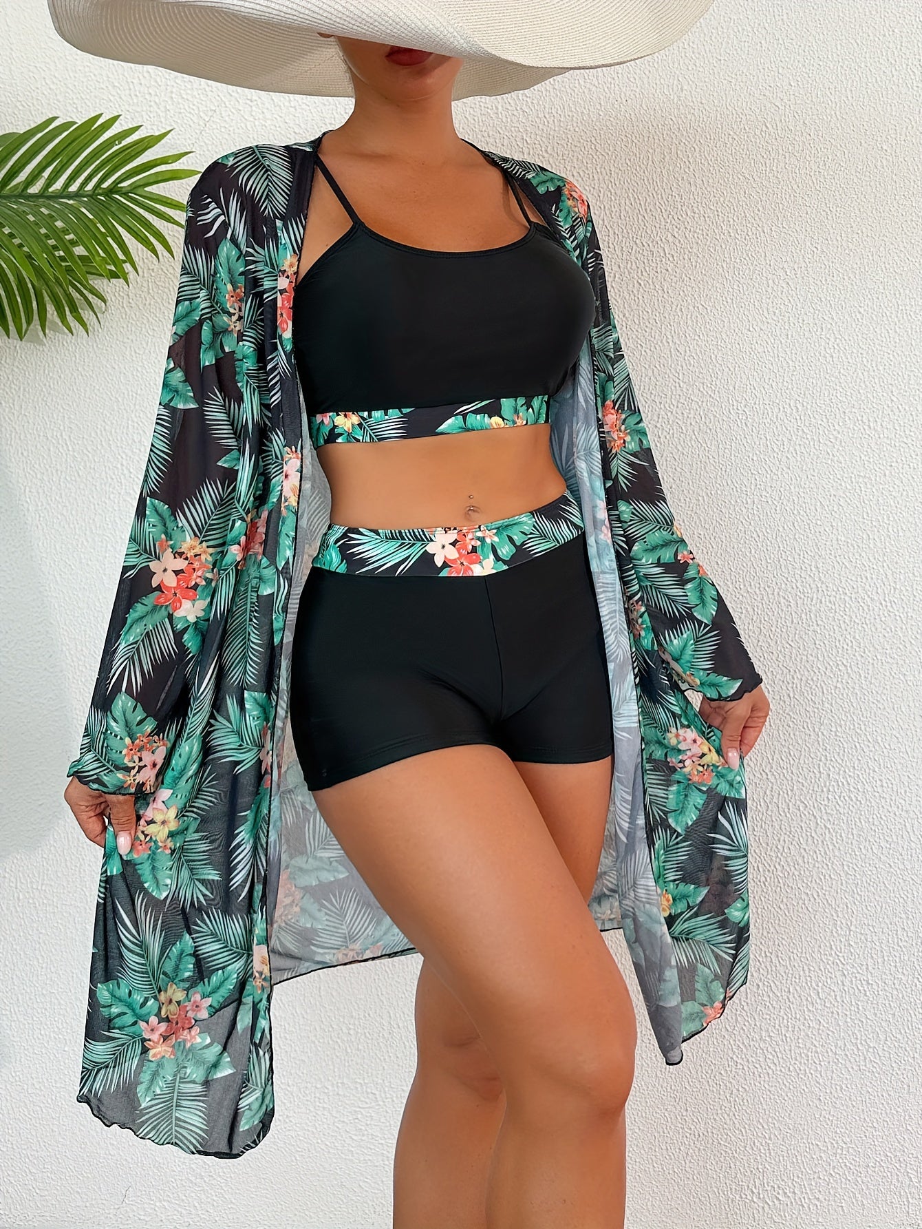 High-Waist Long-Sleeve Tropical Print Bikini Set for Women