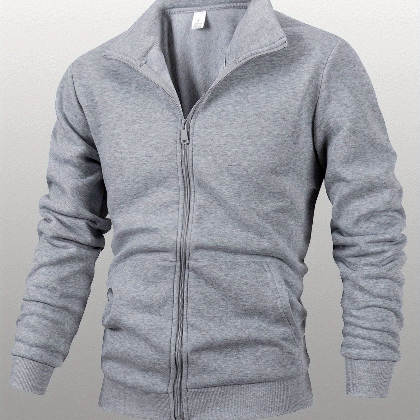 Men's Stand Collar Zip-Up Solid Color Fleece Jacket Long Sleeve Casual Sport Hoodless Coat with Large Side Pockets, Suitable for Daily Wear, Outdoor Activities, Hiking