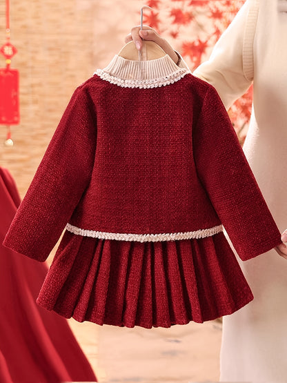 Girls' Elegant Red & Ruffled Skirt Set - Long Sleeve, Button-Up, Non-Stretch Fabric, Loose Fit, Perfect for Fall/Winter, Casual Style, Casual Attire, |elegant Girls' Set|buttonup Skirt Set, For Outdoor