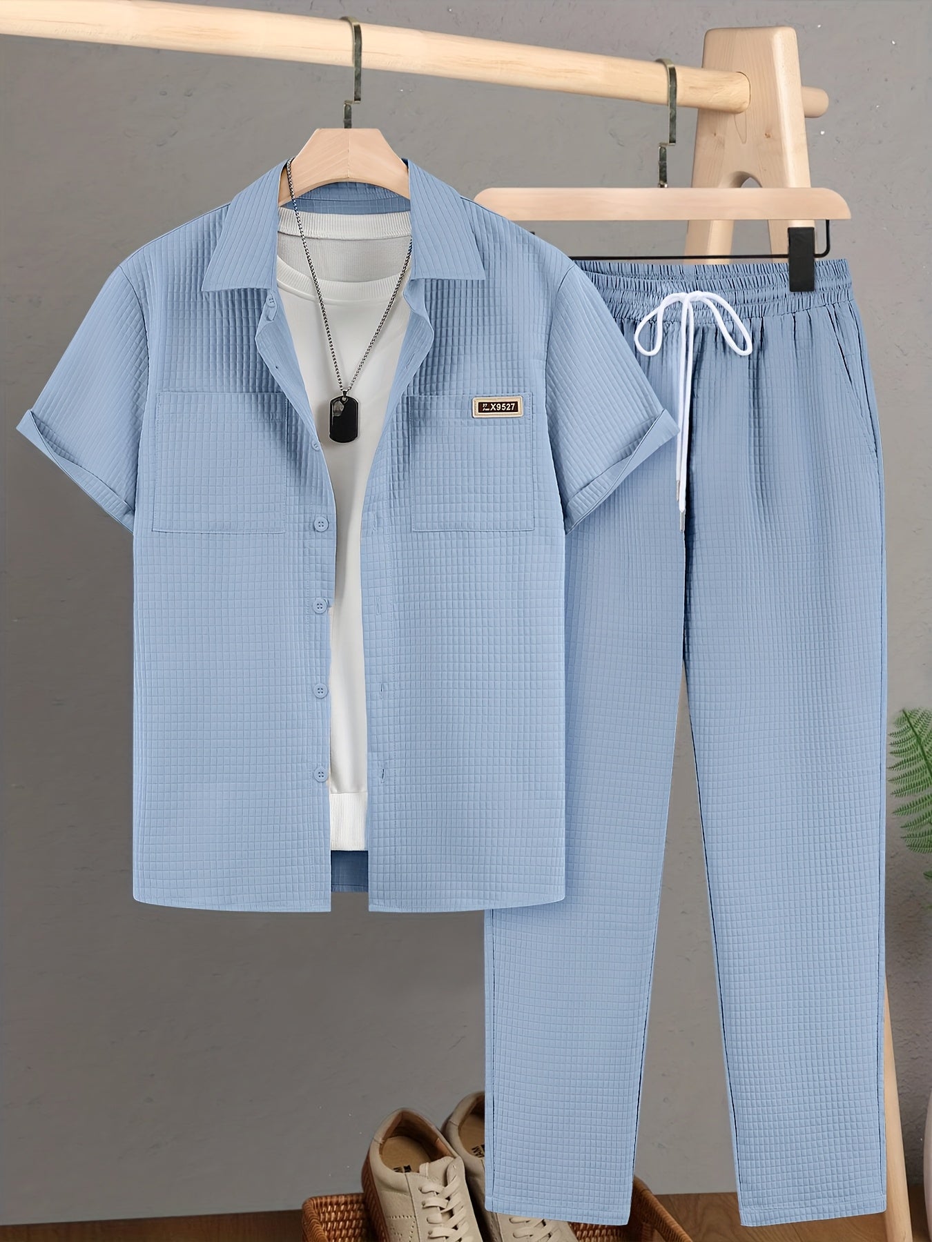 Summer Men'S Casual Bread Pattern Texture Short Sleeve Long Pants Shirt Set, 100% Polyester, Double Pocket Shirt, Turnover Woven Top Can Be Machine Washed and Dry Cleaned