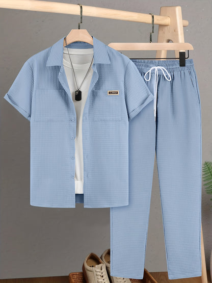 Summer Men'S Casual Bread Pattern Texture Short Sleeve Long Pants Shirt Set, 100% Polyester, Double Pocket Shirt, Turnover Woven Top Can Be Machine Washed and Dry Cleaned