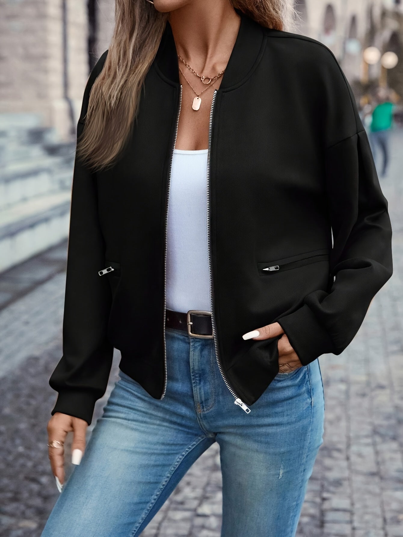 Solid Color Zip-up Jacket, Casual Long Sleeve Pockets Bomber Jacket For Spring & Fall, Women's Clothing