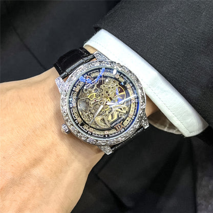 Vintage Hollow Carved Automatic Mechanical Men'S Watch, Fashionable Luxury Men'S Watch, High-end Thickened Mechanical Style Hip-Hop Party Wristwatch, Without Battery
