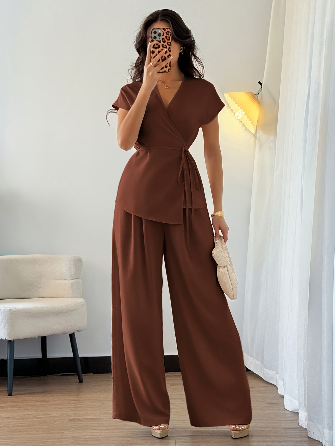 Stylish Women's Elegant Comfortable Solid Color Top and Loose Wide-Leg Pants Two-Piece Set, Suitable for Outings, Dates, Vacation