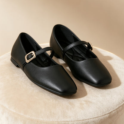 Women's Black Square-Toe Mary Jane Flats with Buckle, Comfortable All-
