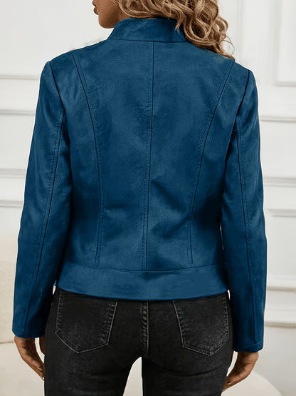 Plus Size Elegant Biker Jacket with Metallic Zipper for Spring/Fall