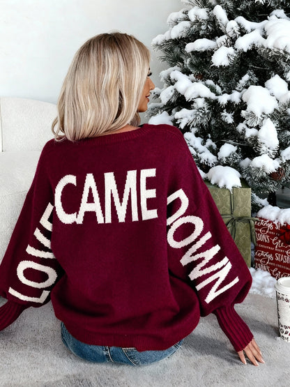 Autumn/Winter New Arrival Niche Cardigan for Women, Lazy Style Sweater Top with Wine Red and Coffee Color Letter Print, Round Neck Pullover with Designer Pattern, Casual Elegant Winter Top, Urban Commute Basic Versatile Style