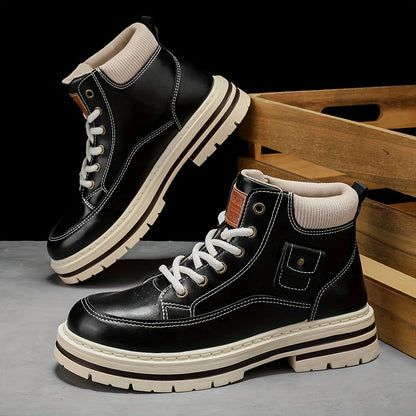 Men'S Retro British Style Mid-Top Work Boots - Black Faux Cover with White Laces, Durable PVC Sole, Comfortable Fabric Lining for Casual & Streetwear, Spring/Fall Footwear, Streetwear Footwear | Retro Style Boots | Durable PV