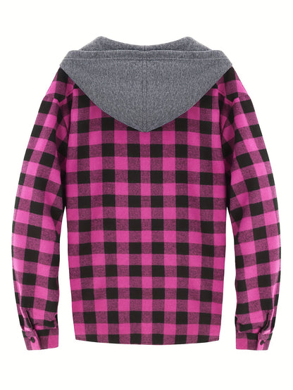 Plaid Shirt Coat For Men Long Sleeve Casual Regular Fit Button Up Hooded Shirts Jacket