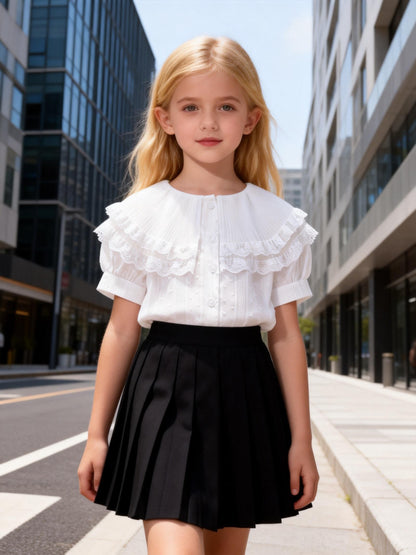 Girls' Summer Short Sleeve Shirt with Lace Collar, Preppy Style