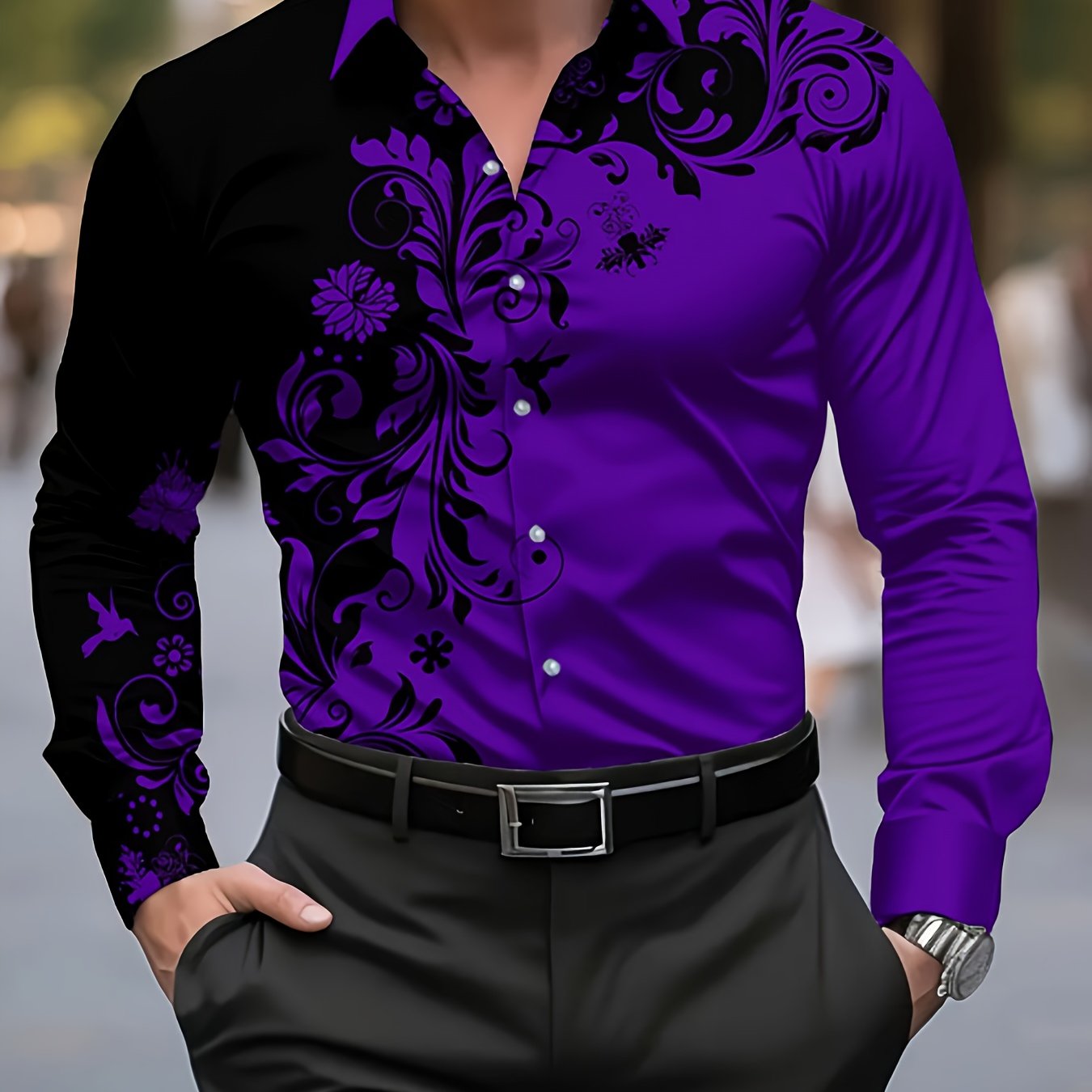 Men'S Casual Floral Print Dress Shirt - Black & White Swirl Design, Button-Up Collar, Long Sleeve, Regular Fit for Spring/Fall, Versatile for Casual & Formal Wear, Spring Fashion, Nonelastic Fabric, Elegant Shirt For Men, Lon