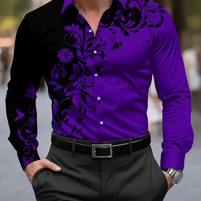 Men'S Casual Floral Print Dress Shirt - Black & White Swirl Design, Button-Up Collar, Long Sleeve, Regular Fit for Spring/Fall, Versatile for Casual & Formal Wear, Spring Fashion, Nonelastic Fabric, Elegant Shirt For Men, Lon