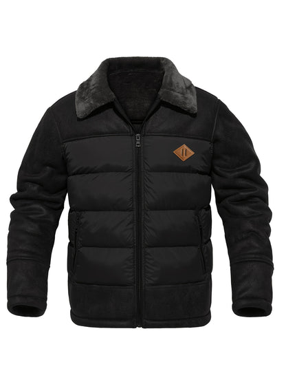 Men'S Casual Jacket with Faux Fur Collar, Polyester 100% Solid Color, Long Sleeve, Zipper Closure, Regular Fit, Woven Fabric, Outdoor Hiking Jacket with 60g/m² Lining Weight