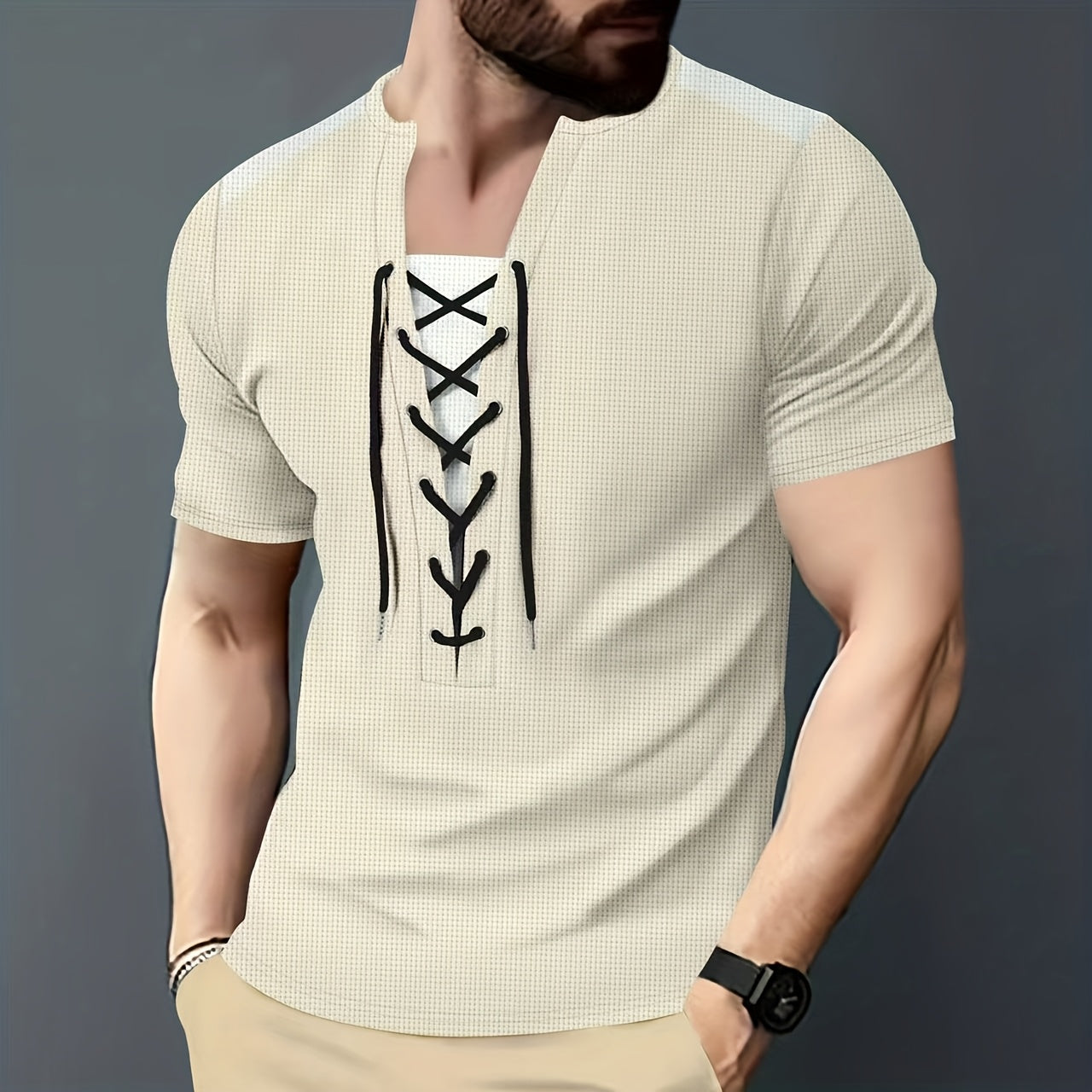 Men'S Casual Waffle Knit Short Sleeve T-Shirt with Drawstring Detail - Maroon  Black, Round Neck, Breathable Polyester Fabric for Summer Outings, Casual Weekend Wear   Round Neck Tee   Stylish Contrast Stitchin