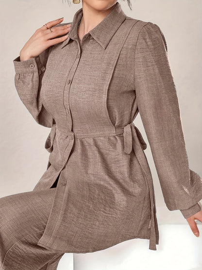 Women'S Stylish Two-Piece Set - Elegant Long Sleeve Shirt with Tie Waist and Wide Leg Pants, Perfect for Office Wear, Office Attire|Elegant Two-Piece Set|Polyester Fabric