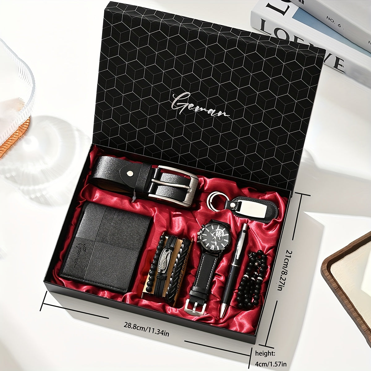 7pcs/set-Men's PU Leather Business Casual Watch Set (wallet + Belt + Keychain + Bracelet + Watch + Pen + Rosary), Minimalist Quartz Watch Set, Exquisite Watch Gift Box, Valentine's Day Gift Box.