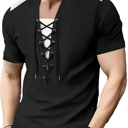 Men'S Casual Waffle Knit Short Sleeve T-Shirt with Drawstring Detail - Maroon  Black, Round Neck, Breathable Polyester Fabric for Summer Outings, Casual Weekend Wear   Round Neck Tee   Stylish Contrast Stitchin