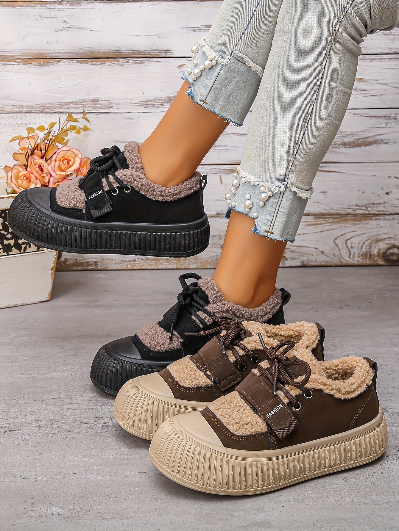 Women's Winter Plush Fleece-Lined Thermal Shoes - Upper & Rubber Sole Low-Top Ankle Boots with Faux Fur Collar, Brown/Beige/ Traction Tread for Cold Weather, Casual & Semi-Formal Outfits - Cozy Warm Winter Boots with Fleece L