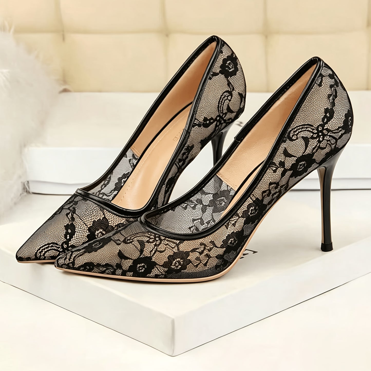 Women’s Mesh Lace Stiletto Heels Pointed Toe Elegant Dress Shoes