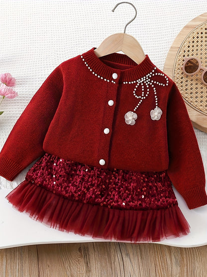 2pcs Girls' Elegant Sequin Trim Sweater & Sparkle Tulle Tutu Skirt Set - Red & Golden Glittery Party Outfit with Ruffled Hem, Long Sleeve Round Neck Top & Layered Tulle, Perfect For Halloween, Christmas, Photo Shoots, Pageant