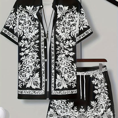 Men'S Two Sets of Floral Print Casual Button-Up + Drawstring Sports Shorts Two-Piece Hawaiian Beach Sports Styl