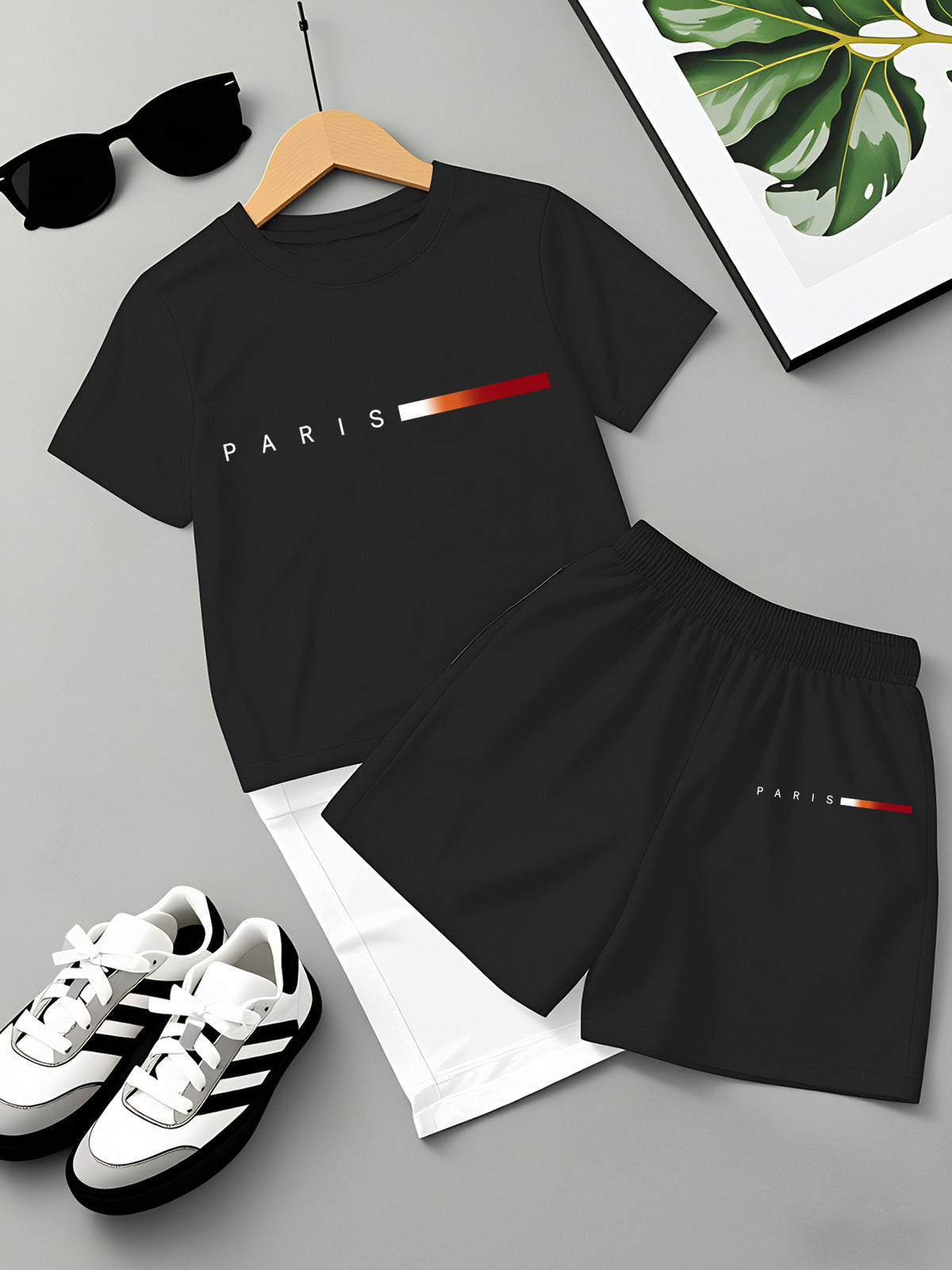 Boys' Summer Casual Striped T-Shirt & Shorts Set, Lightweight Polyeste