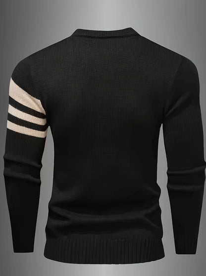 Men's Brown & Striped Sweater - Soft Round Neck Cable-Knit Winter Sweater with White Piping, Machine Washable Casual Pullover for Fall & Winter, Brown/Beige Horizontal Stripes, Ribbed Cuffs & Hem, Stylish Men's Sweater for Ev - ayq