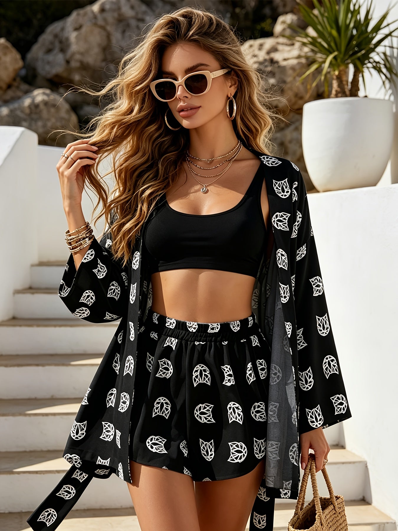 Women's Summer Vacation Two-Piece Cardigan & Shorts Set