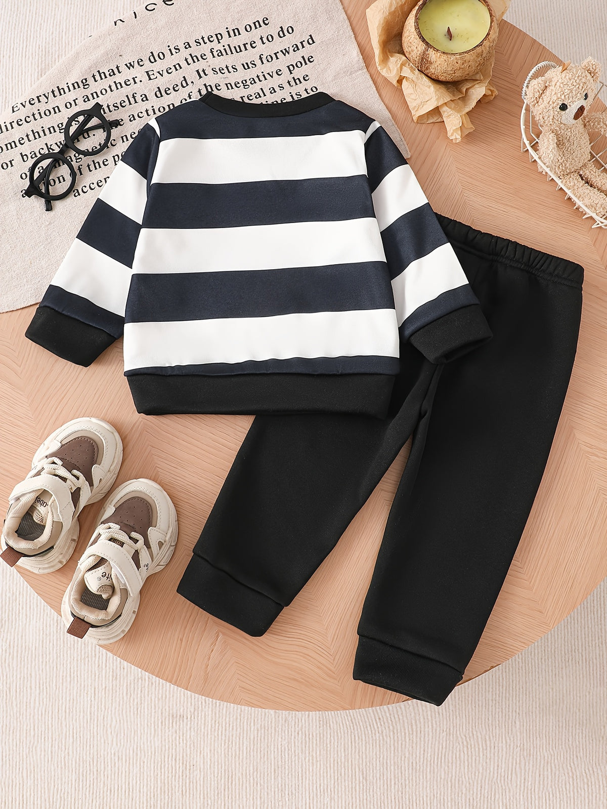 Baby Boy Fall Winter Striped Velvet Sweatshirt and Pants Set - ayq