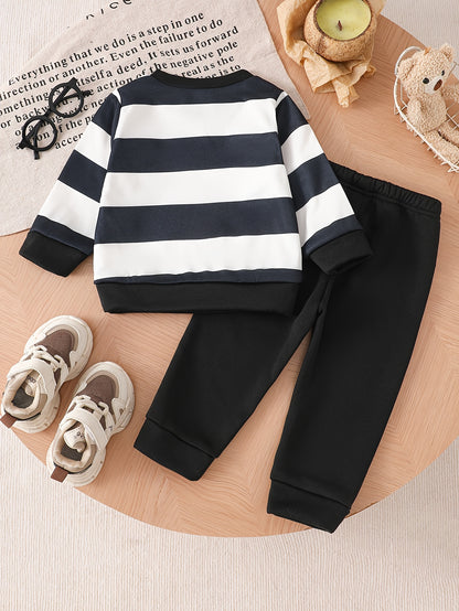 Baby Boy Fall Winter Striped Velvet Sweatshirt and Pants Set - ayq